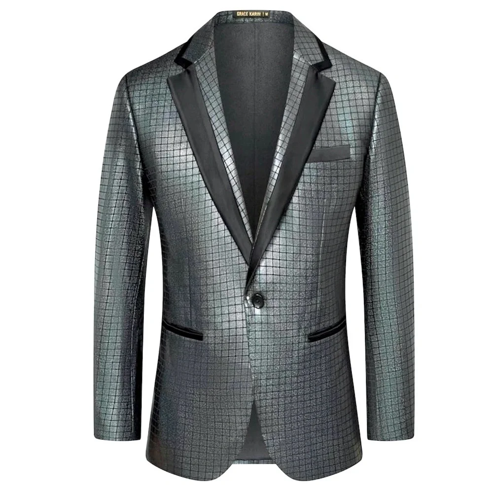 Men's Metallic Charcoal Gray Check Blazer - Tuxedo Jacket with Black Trim!